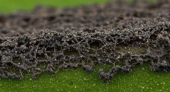 Detailed macro view of sooty mold, a phytopathogenic fungus, revealing its complex black mycelial structure on a green leaf. Abstract study in plant pathology.