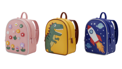 Adorable kids backpacks set flower dino rocket design bag fun on transparent background