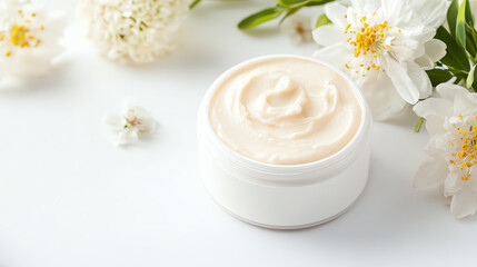 A delightful skincare cream surrounded by delicate flowers, perfect for enhancing beauty and promoting a natural glow.