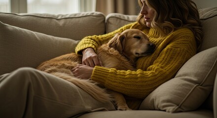 Woman and Dog Relaxing on Sofa