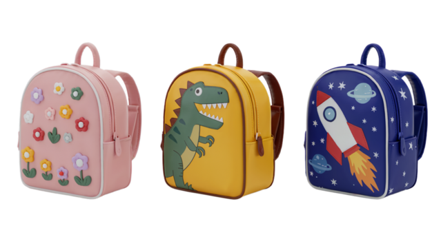 Adorable kids backpacks set flower dino rocket design bag fun on transparent background