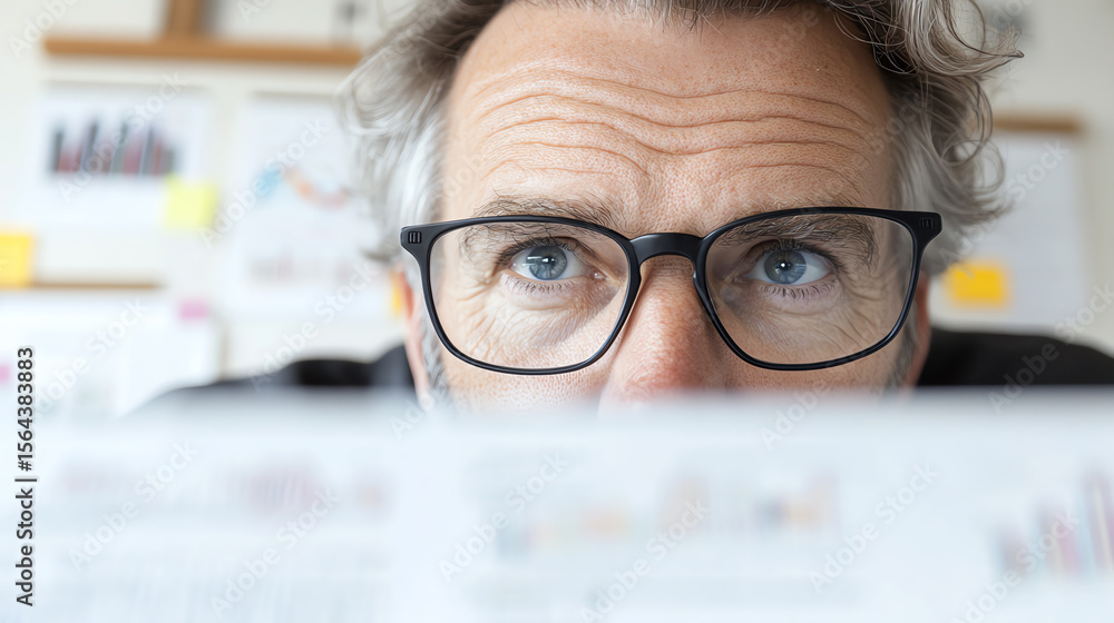 Poster a focused professional analyzing data charts, showcasing dedication and attention to detail in a mod