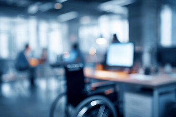 Fototapeta premium Abstract blurred modern office with wheel chair for disable worker person work on desktop computer, Promoting Inclusivity and Diversity in the Workplace.