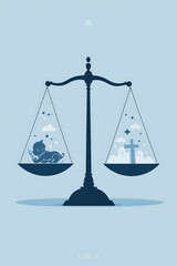 Abortion balance displays a baby and church cross on scales against a light blue background illustrating a polarizing debate.
