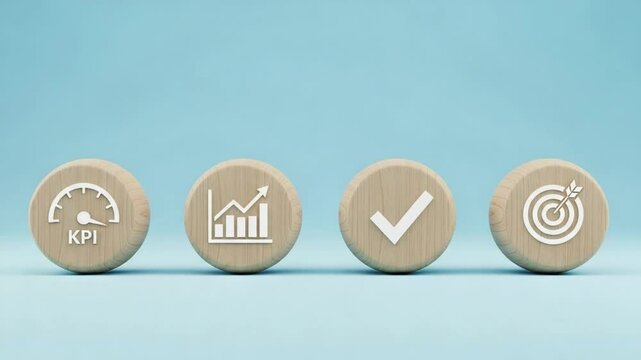 Four wooden discs with kpi speedometer chart checkmark and target icon on a light blue background close up