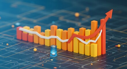 3D Bar Graph Showing Positive Growth Trend Over Data Circuit