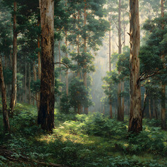 Obraz premium Majestic Dawn in the Timber Forest: Embracing Nature's Serene Splendor as Sunlight Dances Through Ancient Trees