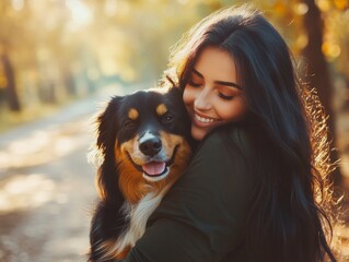 Woman Embraces Her Dog in Autumnal Sunlight
