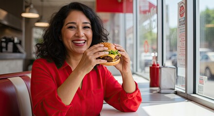 Woman eating a cheeseburger in a diner