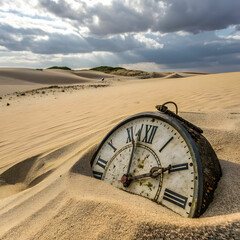 old clock buried in desert sand