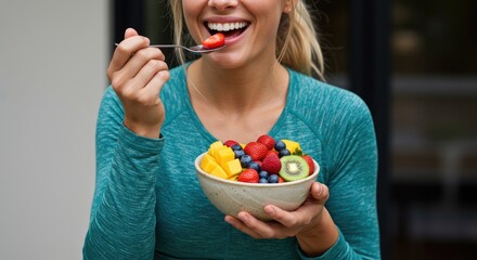 Woman eating fruit salad, happy expression