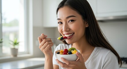 Woman eating fruit salad in kitchen