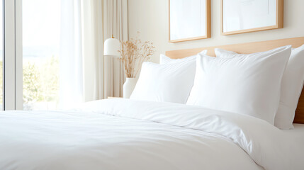 A serene bedroom featuring a neatly made bed with white linens, natural light filtering through soft curtains, creating a tranquil atmosphere.