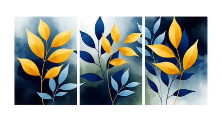 Elegant floral artwork featuring gold and blue leaves on a textured watercolor background