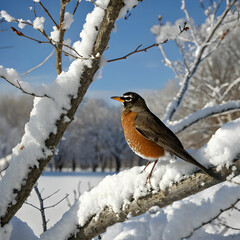 robin bird sitting on snowy branch