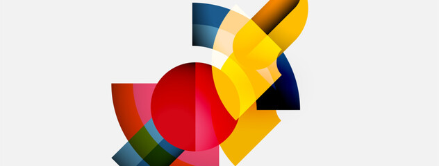 Abstract composition. Overlapping colorful circles create dynamic visual effect. Modern design, simple shapes, bright palette.