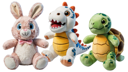 Adorable plush toys collection bunny dinosaur turtle soft fun on transparent background