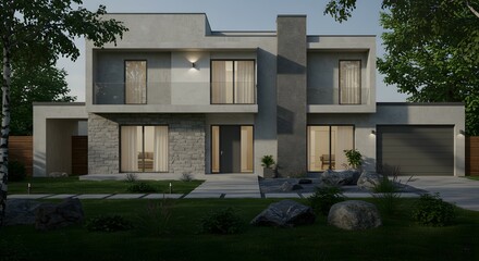 Fototapeta premium Elegant two-story contemporary house with a modern flat roof design, featuring a stone and grey stucco facade, illuminated at dusk in a lush garden.