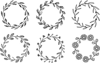 Fototapeta premium Six Black and White Floral Wreath Illustrations on White Background