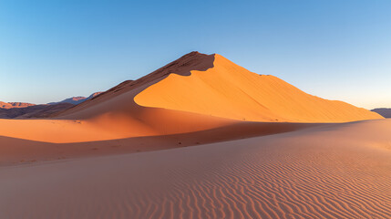 A stunning desert landscape featuring a majestic sand dune illuminated by sunlight against a clear blue sky.