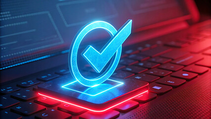 Digital checkmark on laptop keyboard: approval, success, and technology concept