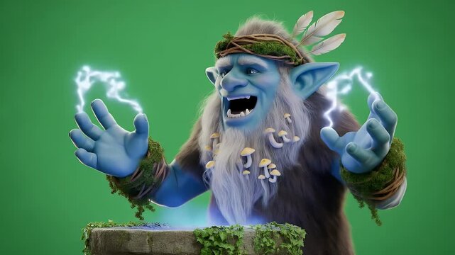 Blue Troll Mage Isolated on Green Screen Casting Electricity Spell Front View Perfect for Game Asset and Fantasy Visual Effects