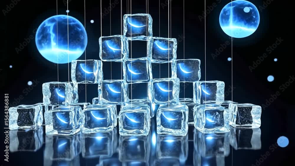Poster a visually striking arrangement of illuminated ice cubes with electric blue light effects, set again