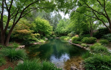 Peaceful pond in a lush garden