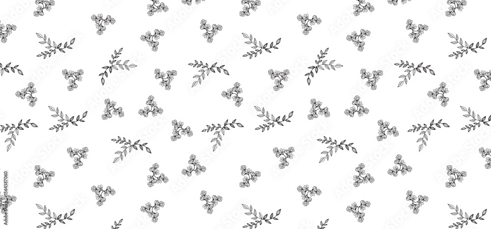 Aufkleber scatter seamless pattern with beautiful flower and leaf line style in black color on a transparent b