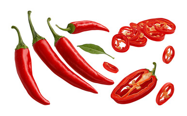 A collection of Hot Spicy red chili peppers and sliced pieces isolated on a transparent background