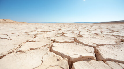 A vast expanse of cracked earth under a clear blue sky, showcasing the impact of drought and climate change on the environment.