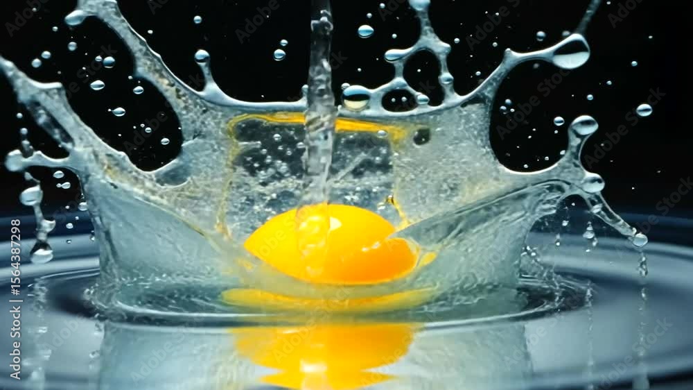 Aufkleber an egg splashing into water, creating a dynamic ripple effect against a dark background