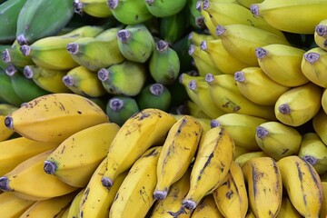 A large bunch of fresh yellow and green bananas at a local market.