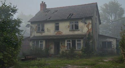 A spooky, derelict house stands abandoned in the dense morning fog. Its dilapidated facade and decaying roof create a mysterious, haunting, and eerie scene.