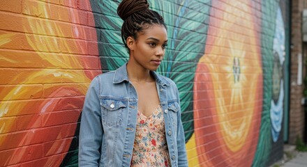 Woman in front of colorful mural