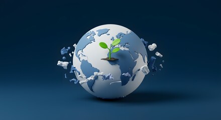 A conceptual 3D render of planet Earth with a green sprout symbolizing growth, hope, and environmental sustainability for a better future and global conservation.
