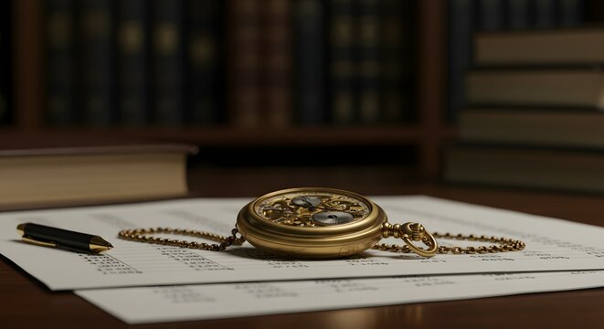 An elegant golden pocket watch lies on a signed document on a dark wood desk, symbolizing the passage of time and legacy in a classic, sophisticated study.