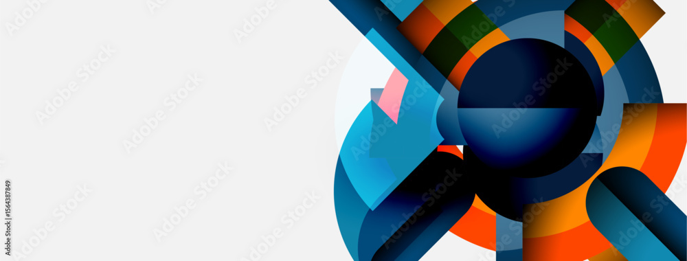 Poster abstract geometric shapes, vibrant colors, dynamic composition. circular elements dominate design, c