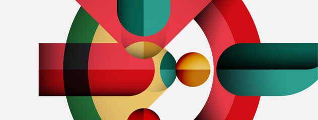 Obraz premium Abstract composition. Overlapping circles, rectangles create dynamic visual effect. Colors include red, green, gold, teal. Modern design.