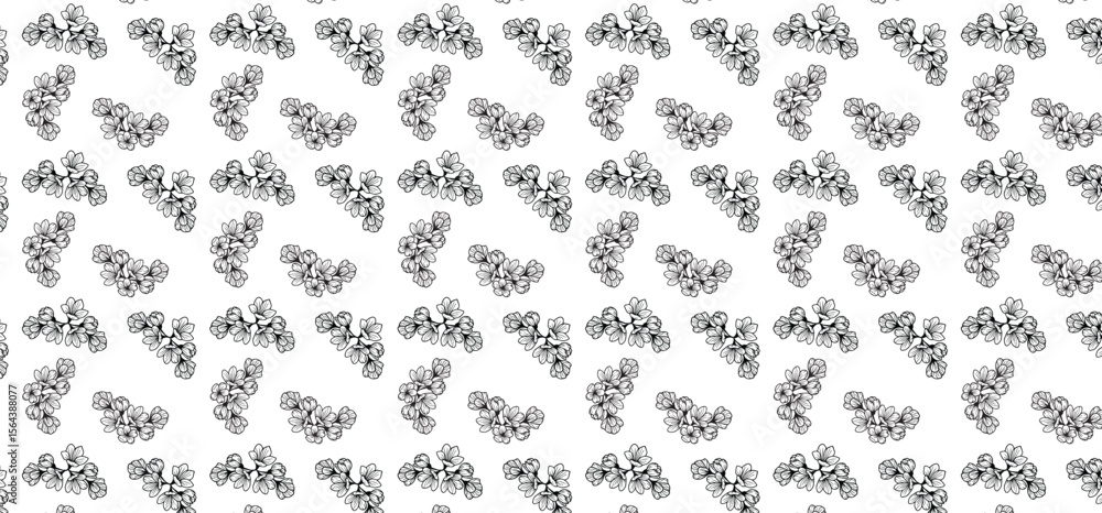 Poster hand-drawing flower line style seamless pattern in black color on a transparent background
