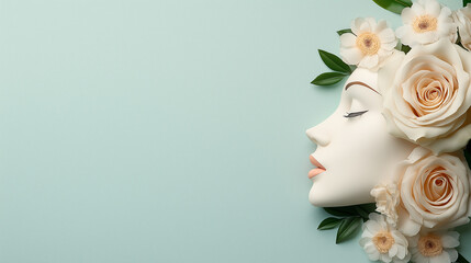 Serene Beauty Woman's Face Adorned with Delicate Roses and Flowers on a Pastel Background