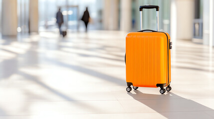 A vibrant orange suitcase stands alone in a spacious airport corridor, illuminated by natural light, ready for adventure.