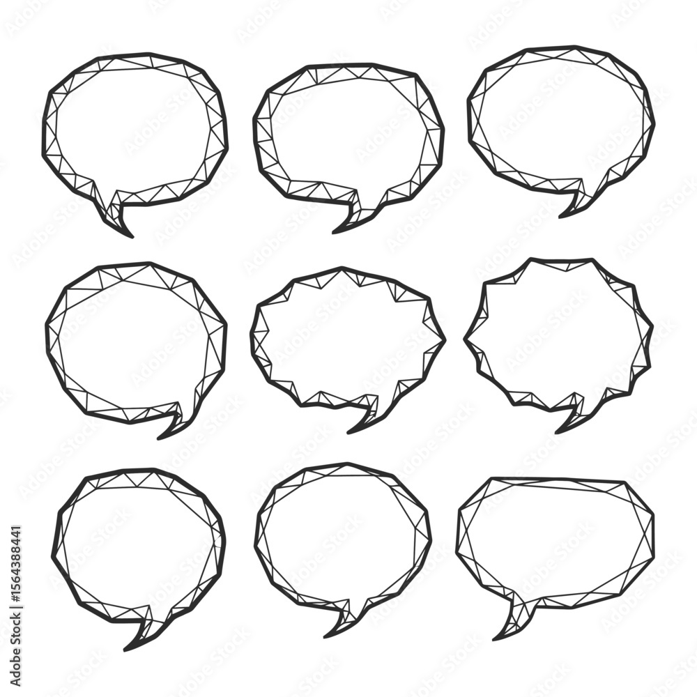 Poster geometric polygonal speech bubbles set. abstract low poly wireframe chat boxes for dialogue, communi