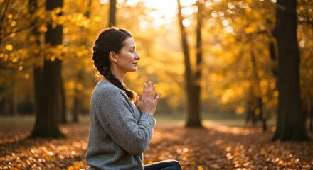 Woman meditating in autumn park