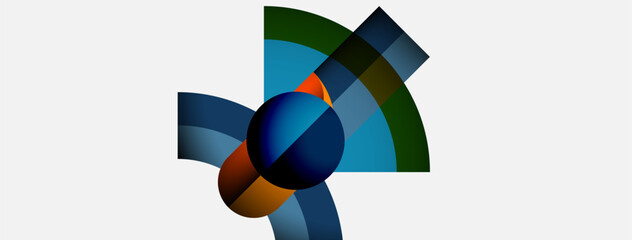 Abstract geometric design. Circular elements intersect with curved segments. Colors include blue, green, orange, black. Minimalist composition.