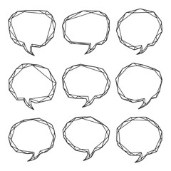 Modern polygonal speech and thought bubble outlines set. Geometric wireframe communication icons for graphic design.