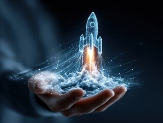 Hand holding a digital rocket launch