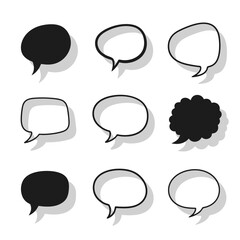Collection of hand-drawn speech and thought bubbles in various shapes, black and white, with shadows. Ideal for communication design.