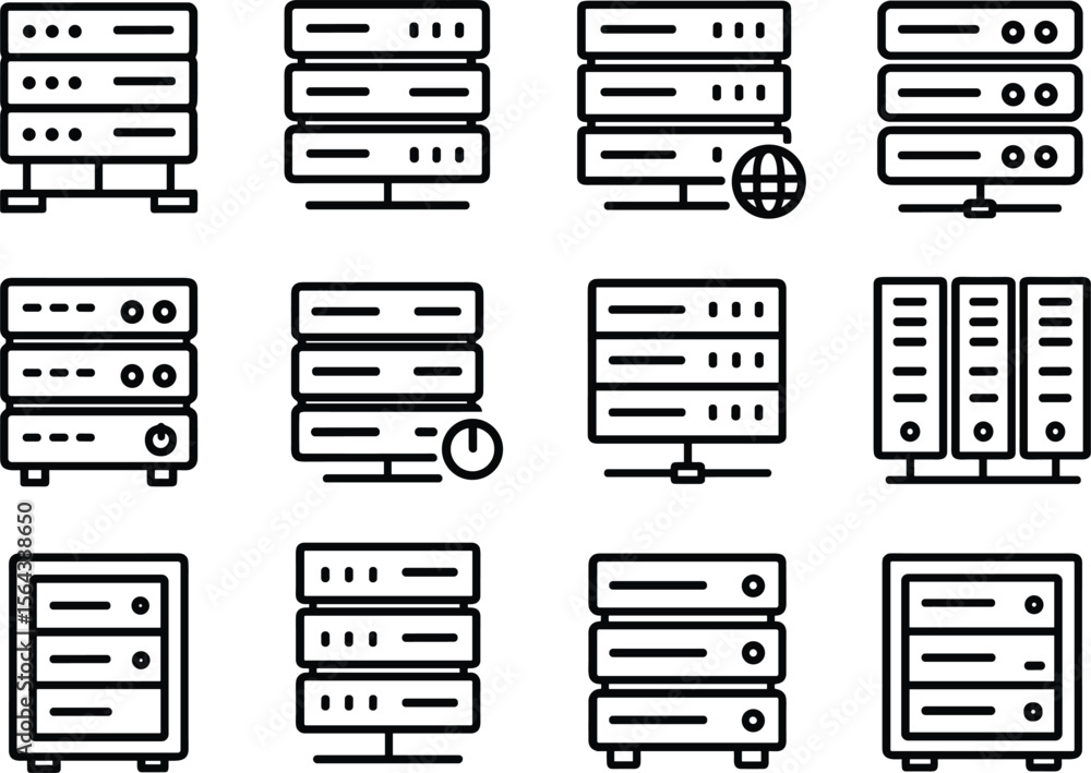 Poster it infrastructure and server room icons set outline style for data center management and network sol