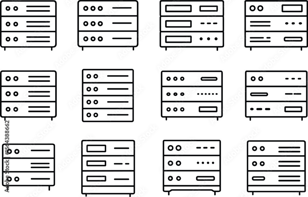 Poster data server and network equipment icons set outline style for it infrastructure and hosting solution